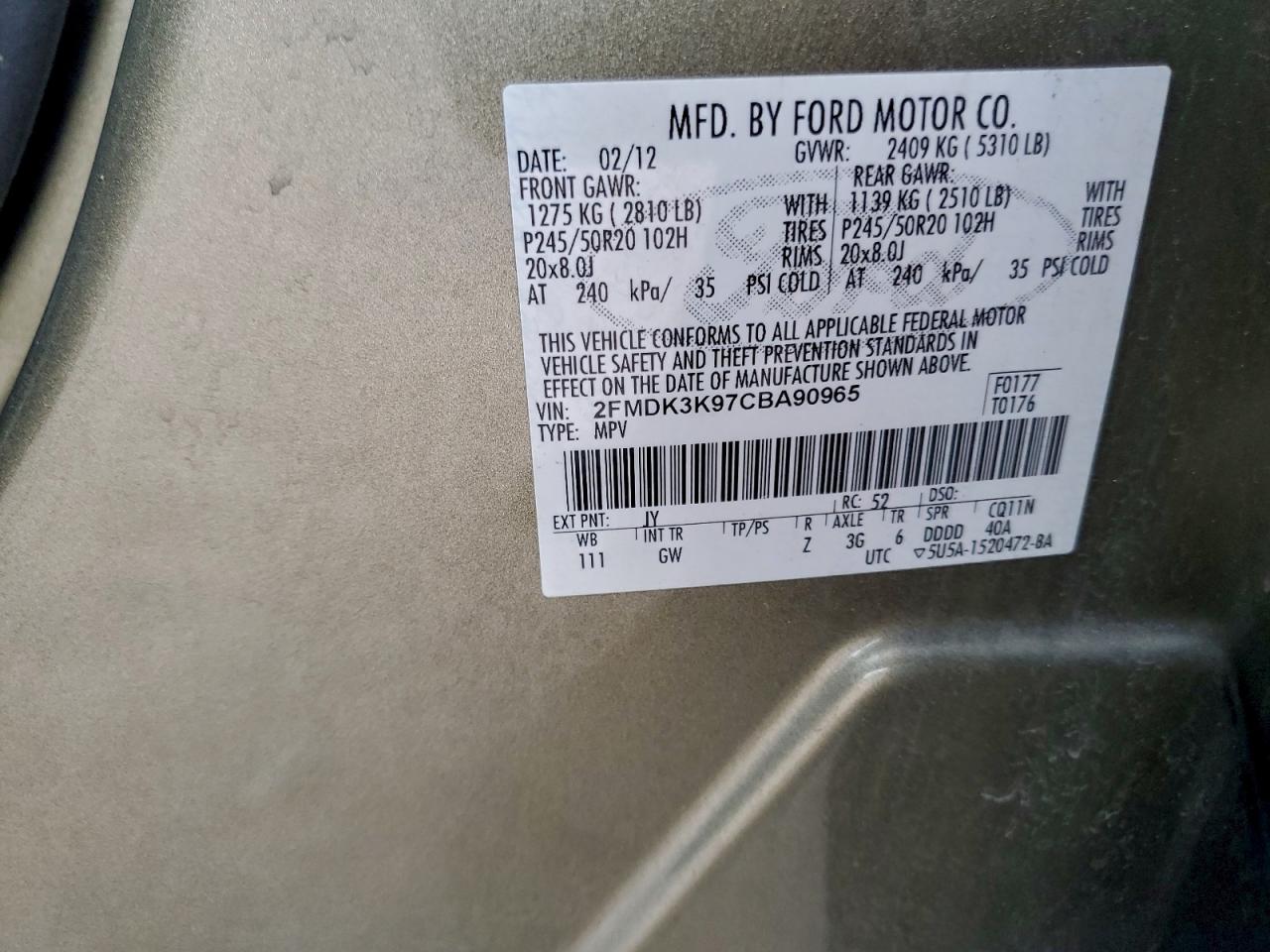 2012 Ford Edge Limited VIN: 2FMDK3K97CBA90965 Lot: 94593425