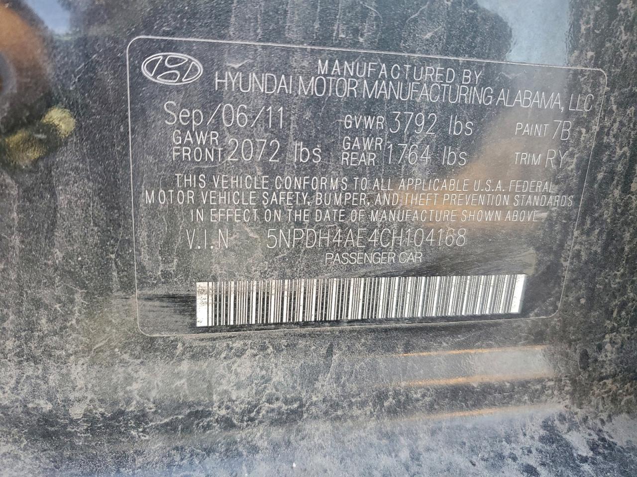 2012 Hyundai Elantra Gls VIN: 5NPDH4AE4CH104168 Lot: 93857505