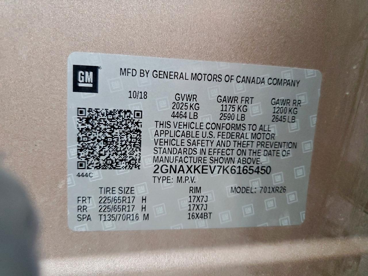 2019 Chevrolet Equinox Lt VIN: 2GNAXKEV7K6165450 Lot: 93733325