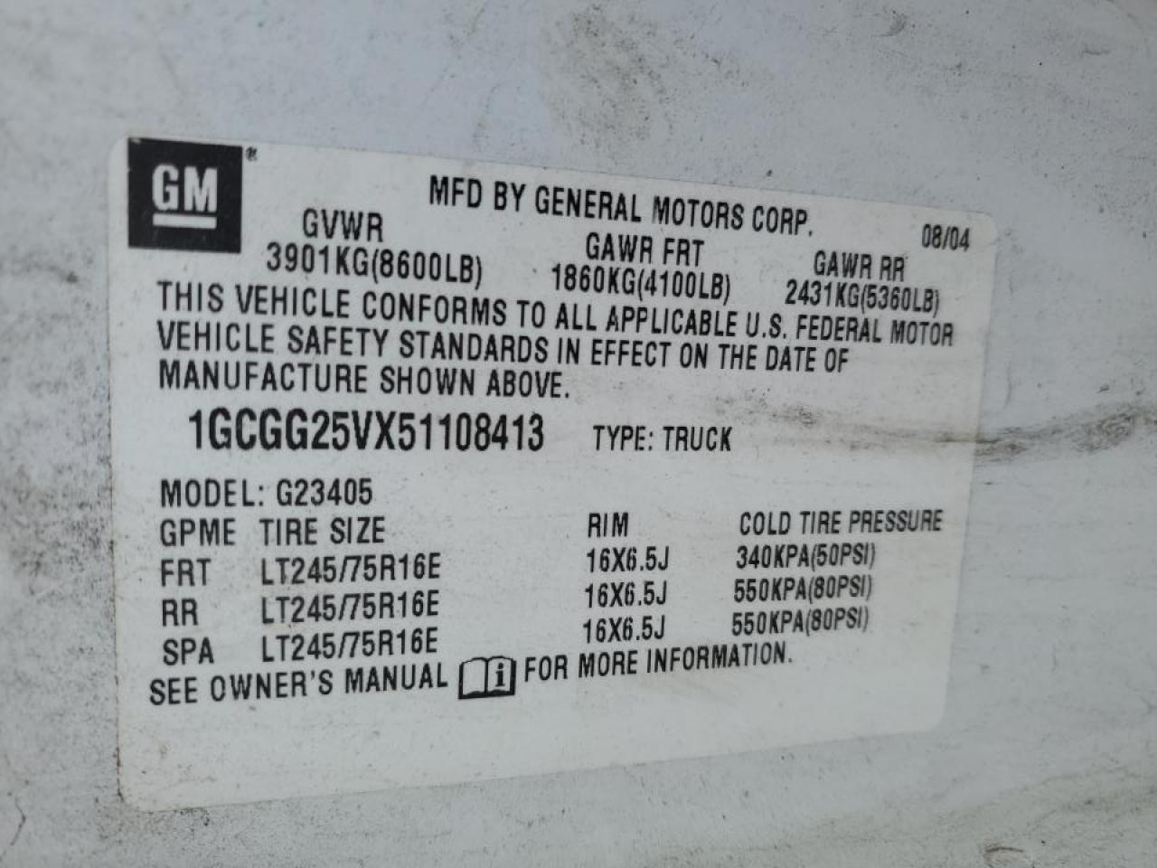 2005 Chevrolet Express 2500 Delivery Van VIN: 1GCGG25VX51108413 Lot: 91644115