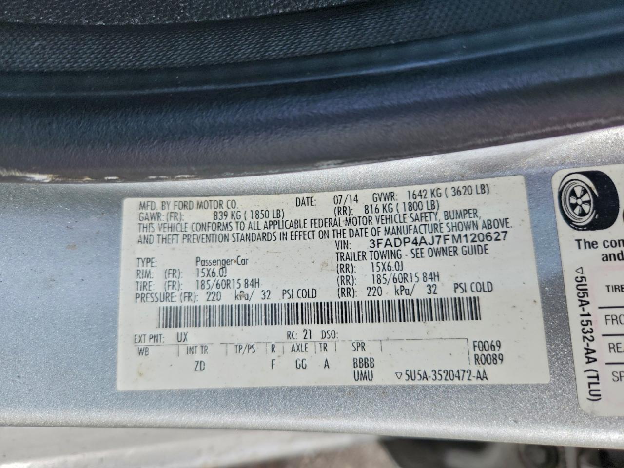 2015 Ford Fiesta S VIN: 3FADP4AJ7FM120627 Lot: 93705895