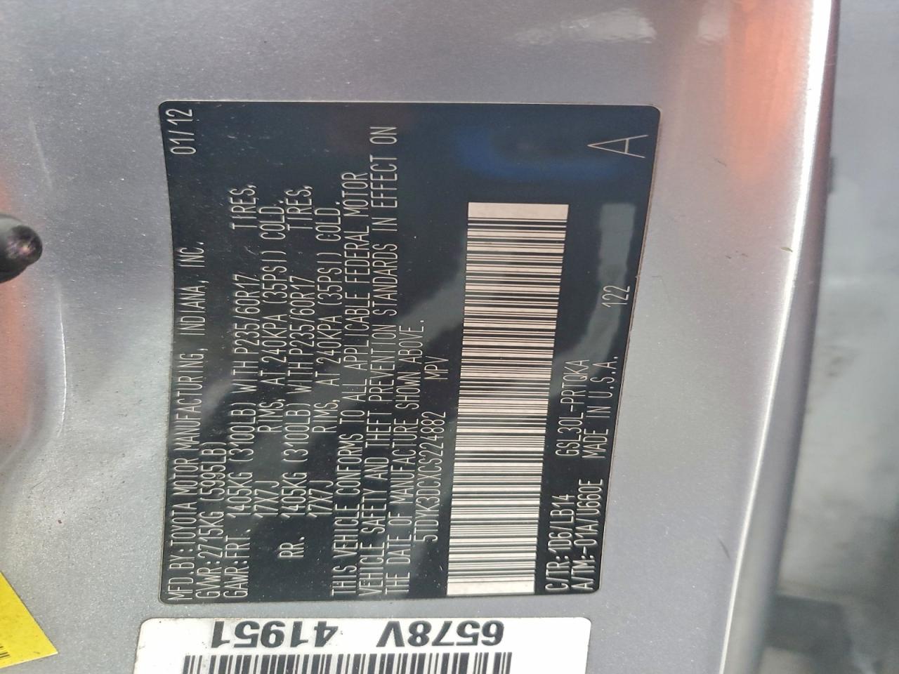 2012 Toyota Sienna Xle VIN: 5TDYK3DCXCS224882 Lot: 94025005