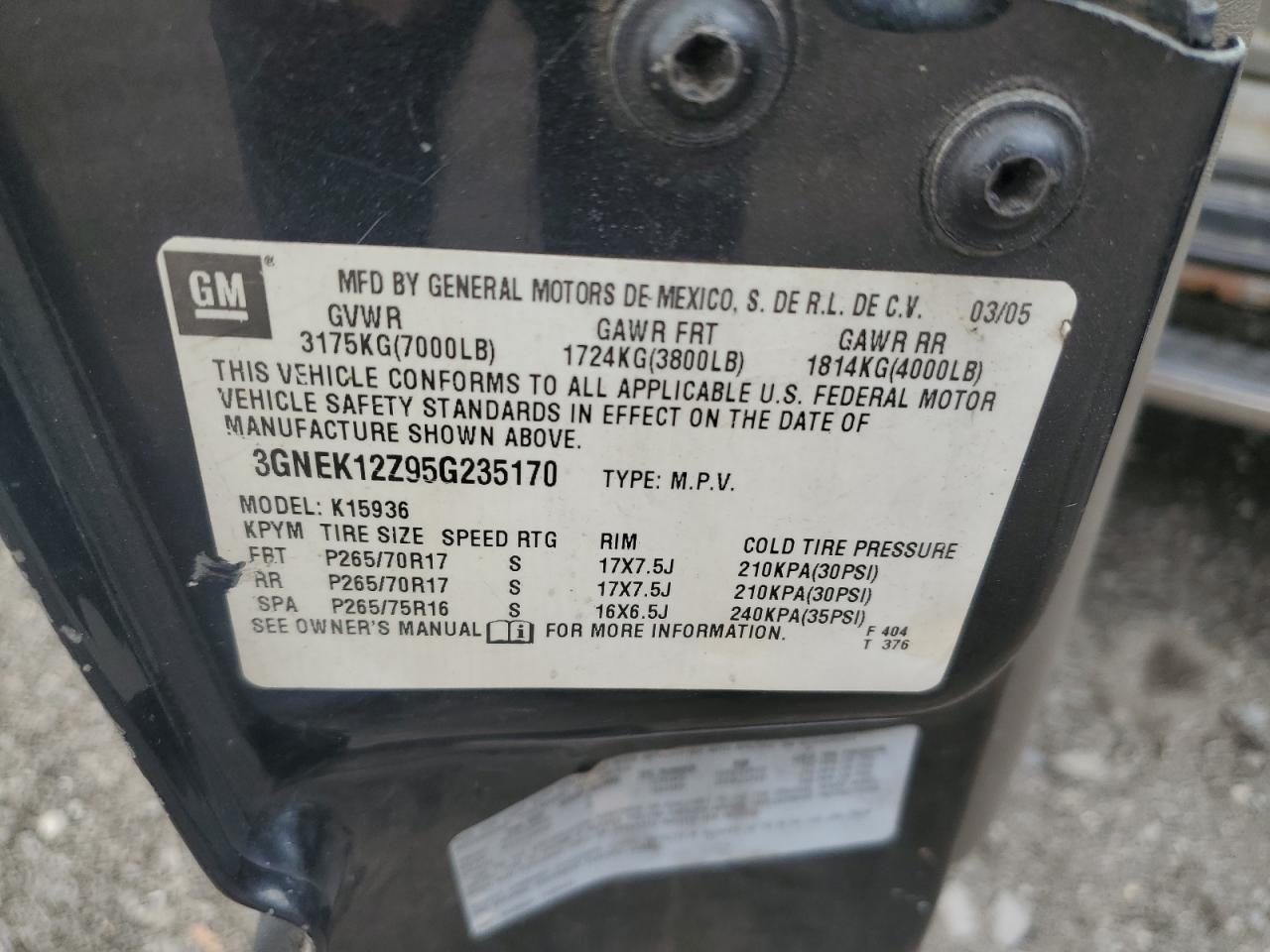 2005 Chevrolet Avalanche K1500 VIN: 3GNEK12Z95G235170 Lot: 90587725