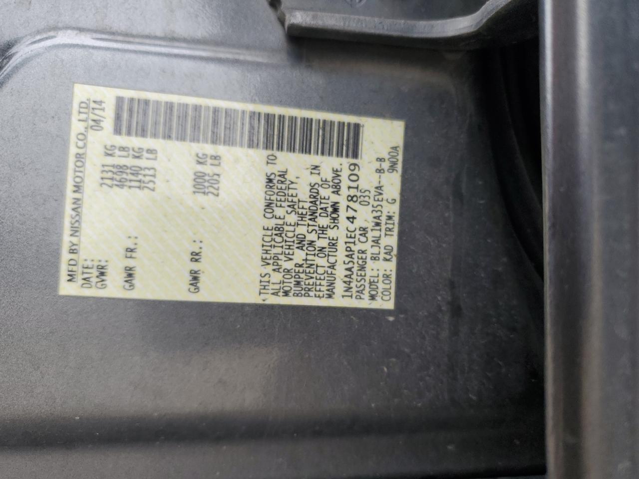 2014 Nissan Maxima S VIN: 1N4AA5AP1EC478109 Lot: 93606505