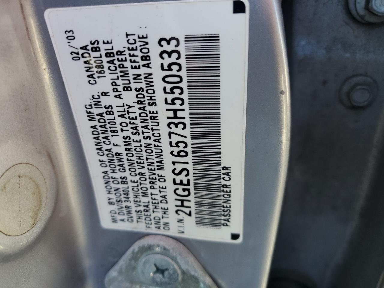 2003 Honda Civic Lx VIN: 2HGES16573H550533 Lot: 92391105