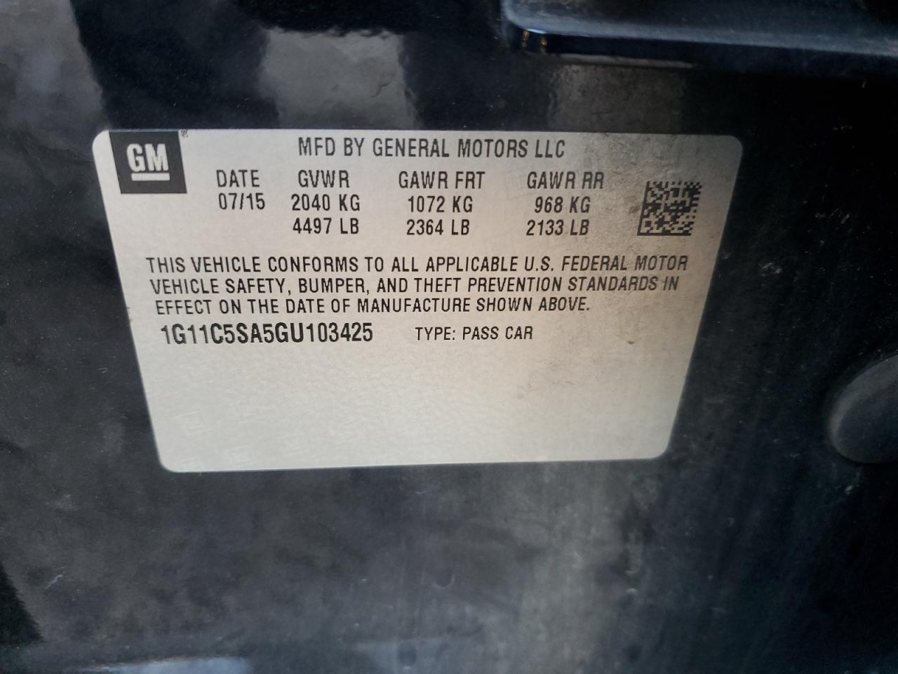 2016 Chevrolet Malibu Limited Lt VIN: 1G11C5SA5GU103425 Lot: 92609575