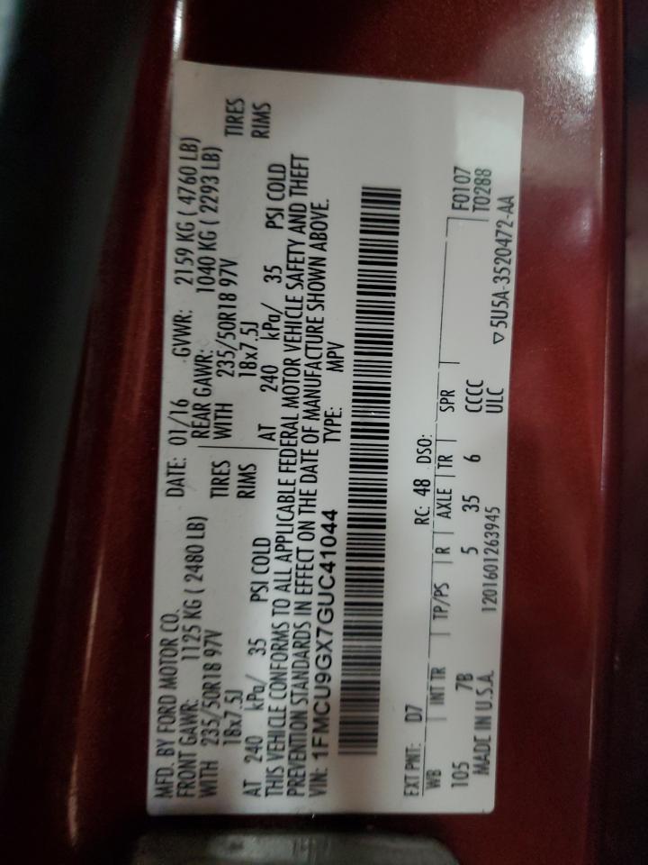 2016 Ford Escape Se VIN: 1FMCU9GX7GUC41044 Lot: 92005315