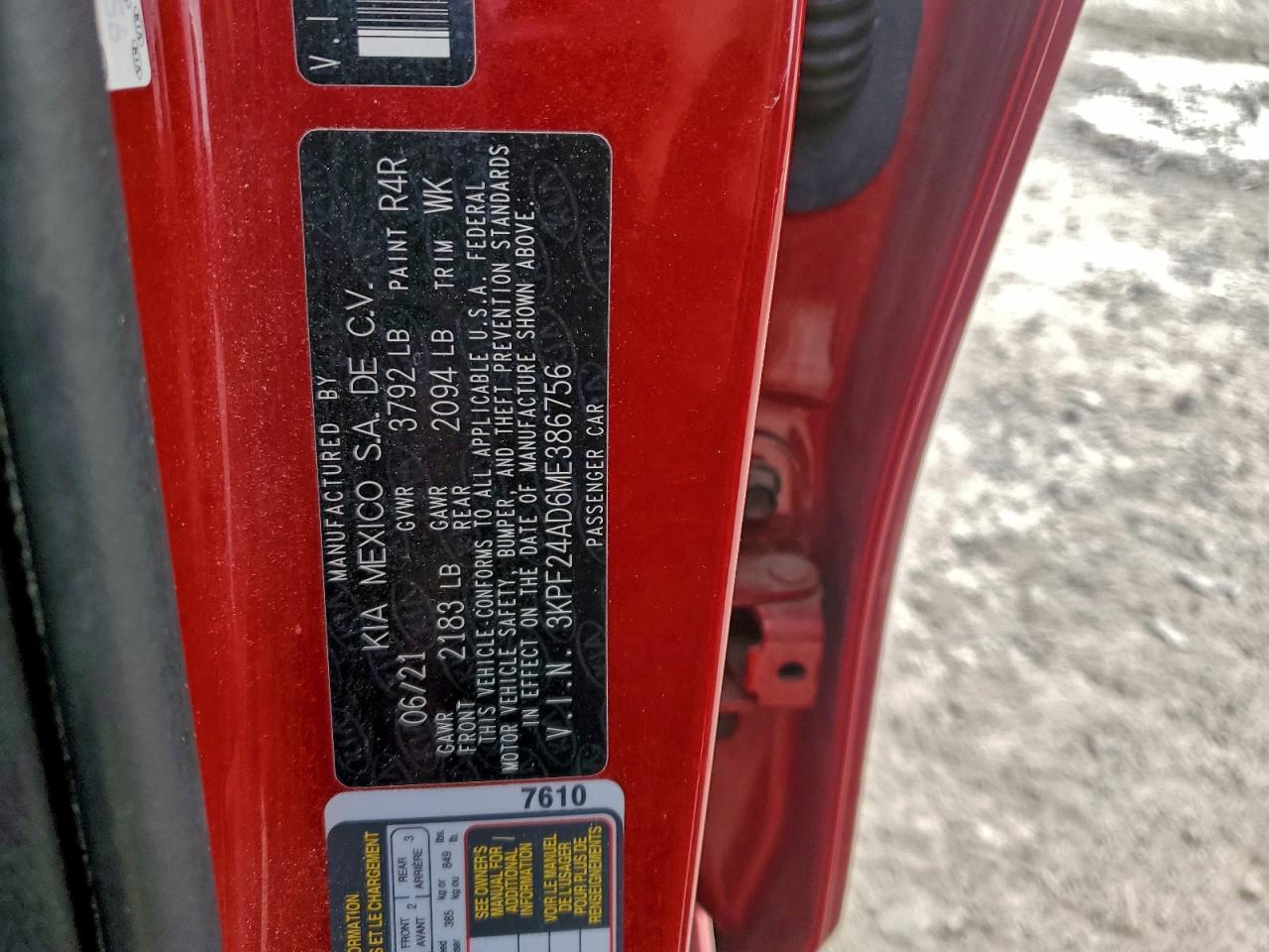 2021 Kia Forte Fe VIN: 3KPF24AD6ME386756 Lot: 94185755