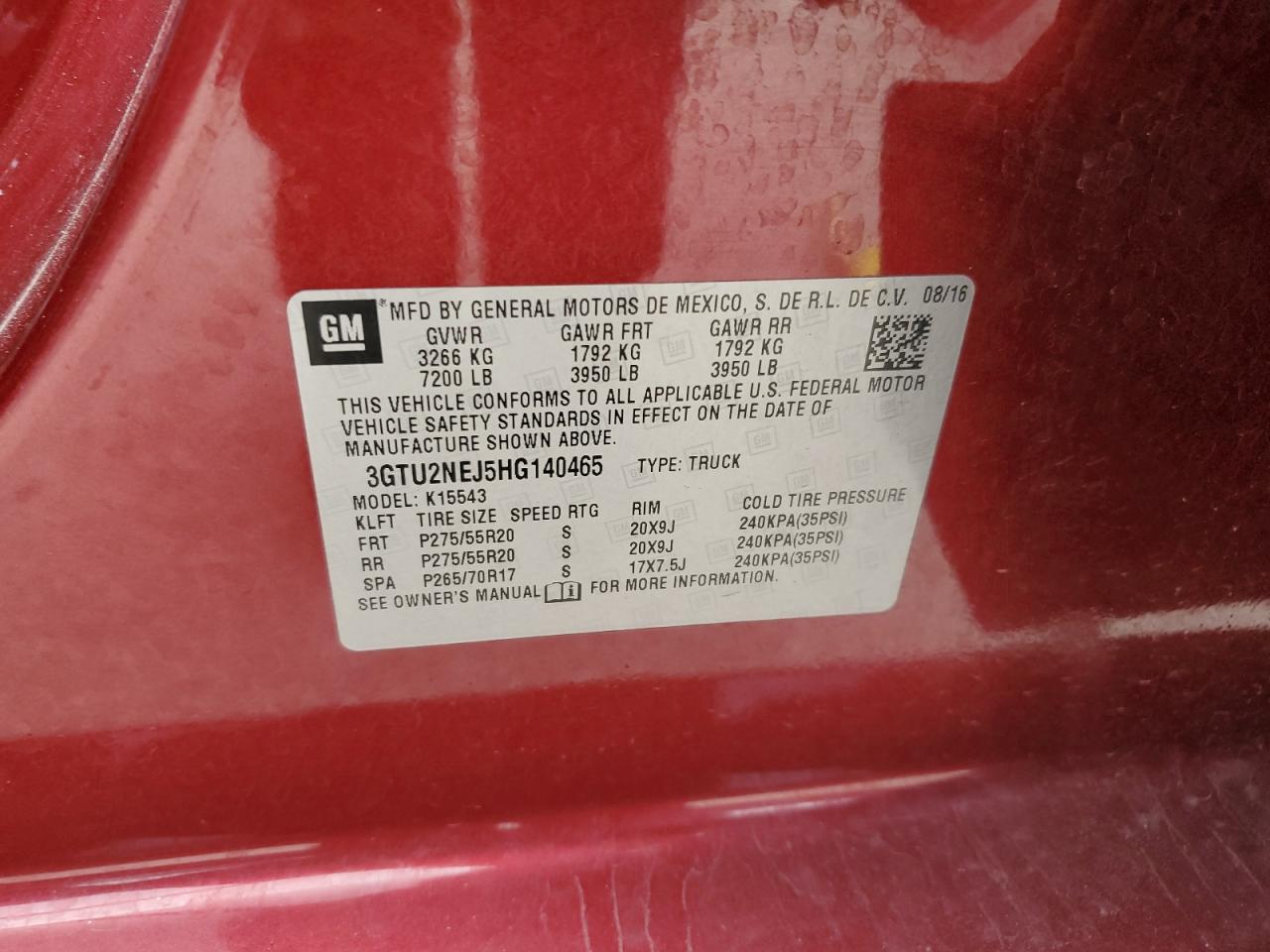 2017 GMC Sierra K1500 Slt VIN: 3GTU2NEJ5HG140465 Lot: 93149395