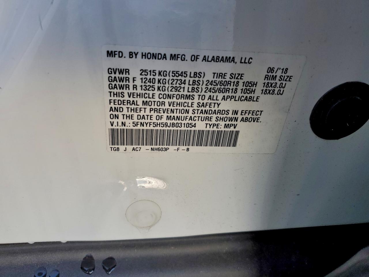 2018 Honda Pilot Exl VIN: 5FNYF5H59JB031054 Lot: 94048865