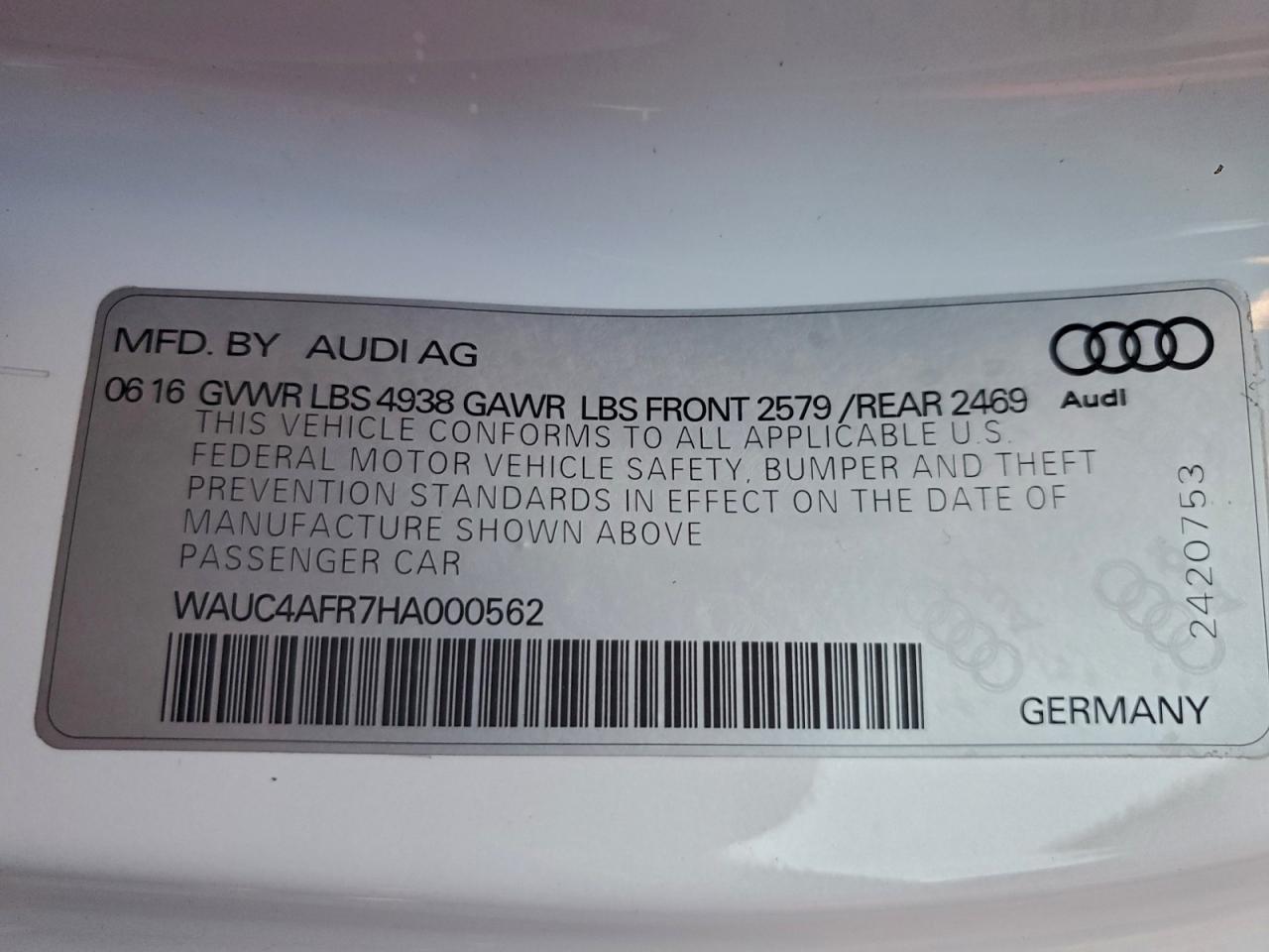 2017 Audi S5 VIN: WAUC4AFR7HA000562 Lot: 93038825