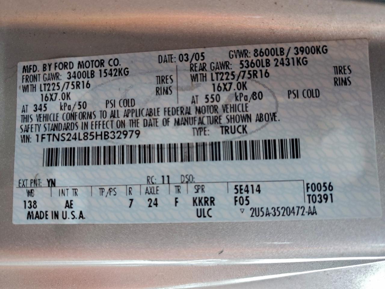 2005 Ford Econoline E250 Van VIN: 1FTNS24L85HB32979 Lot: 94772745