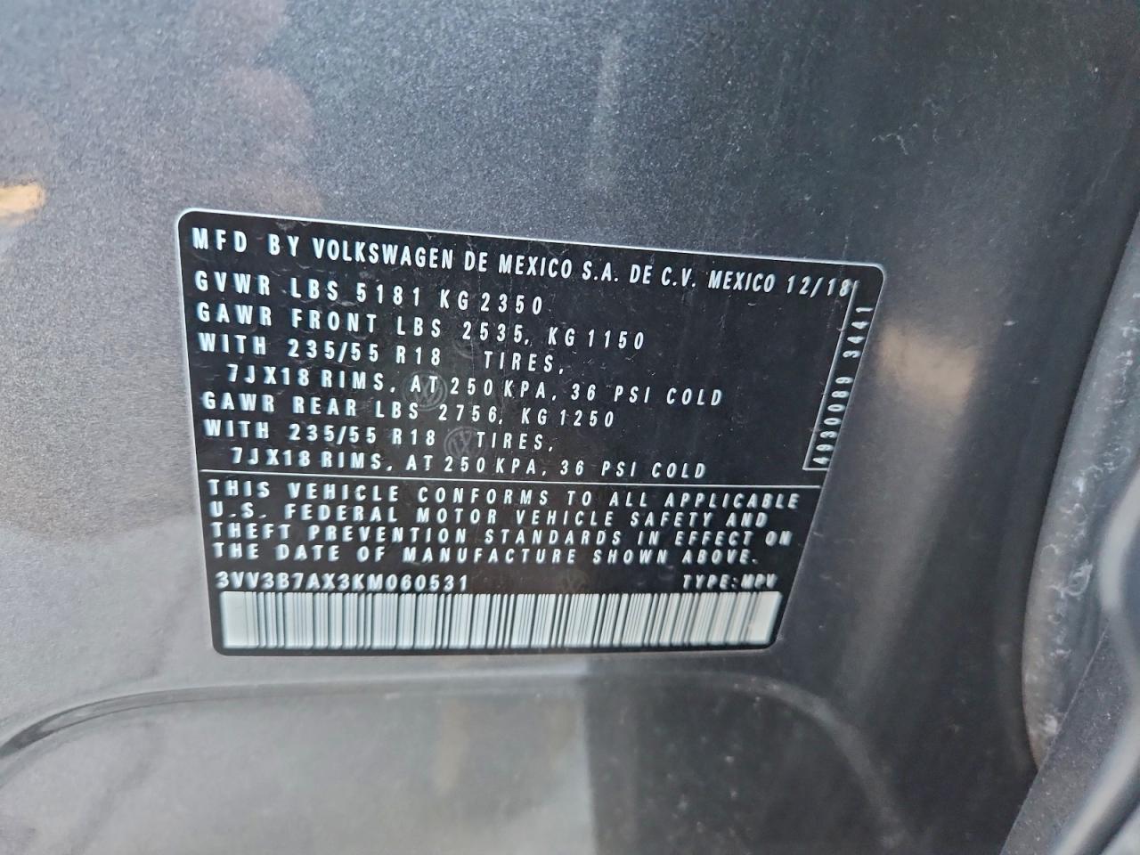 2019 Volkswagen Tiguan Se VIN: 3VV3B7AX3KM060531 Lot: 94460115