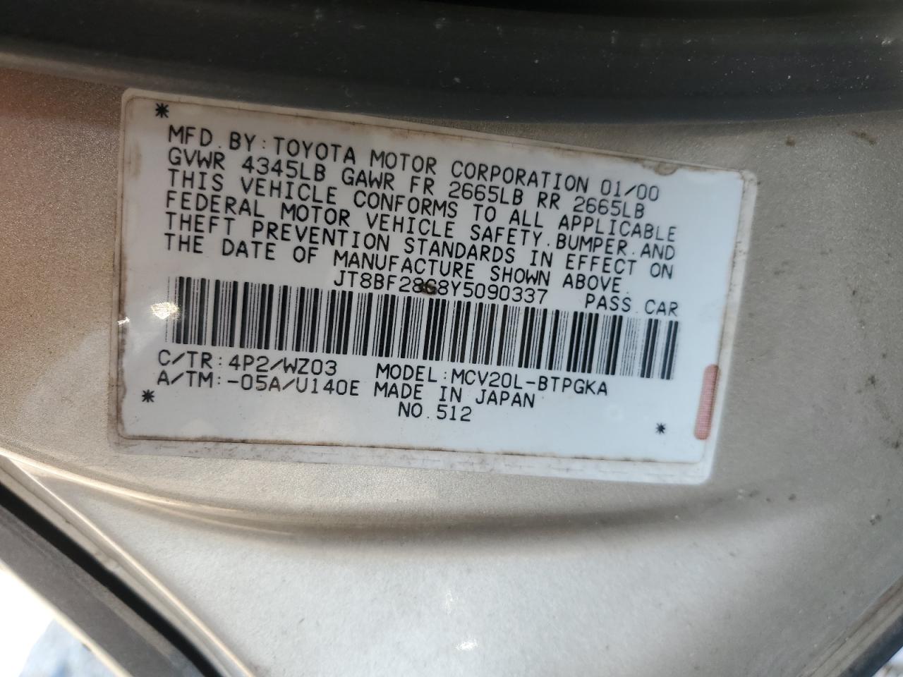 2000 Lexus Es 300 VIN: JT8BF28G8Y5090337 Lot: 93022875