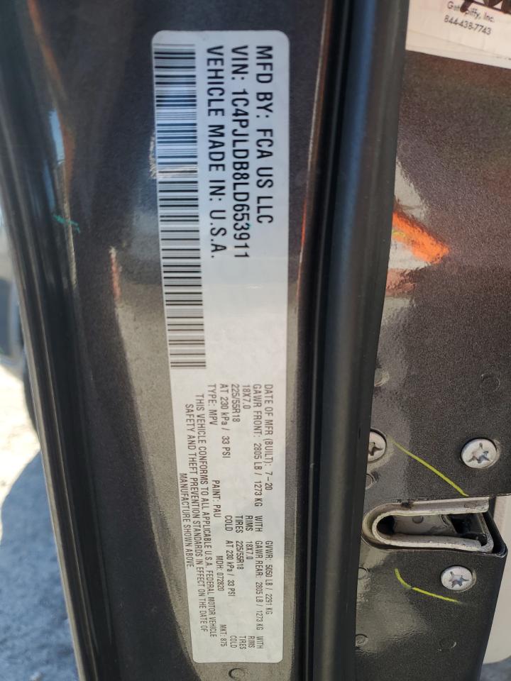 2020 Jeep Cherokee Limited VIN: 1C4PJLDB8LD653911 Lot: 92275695