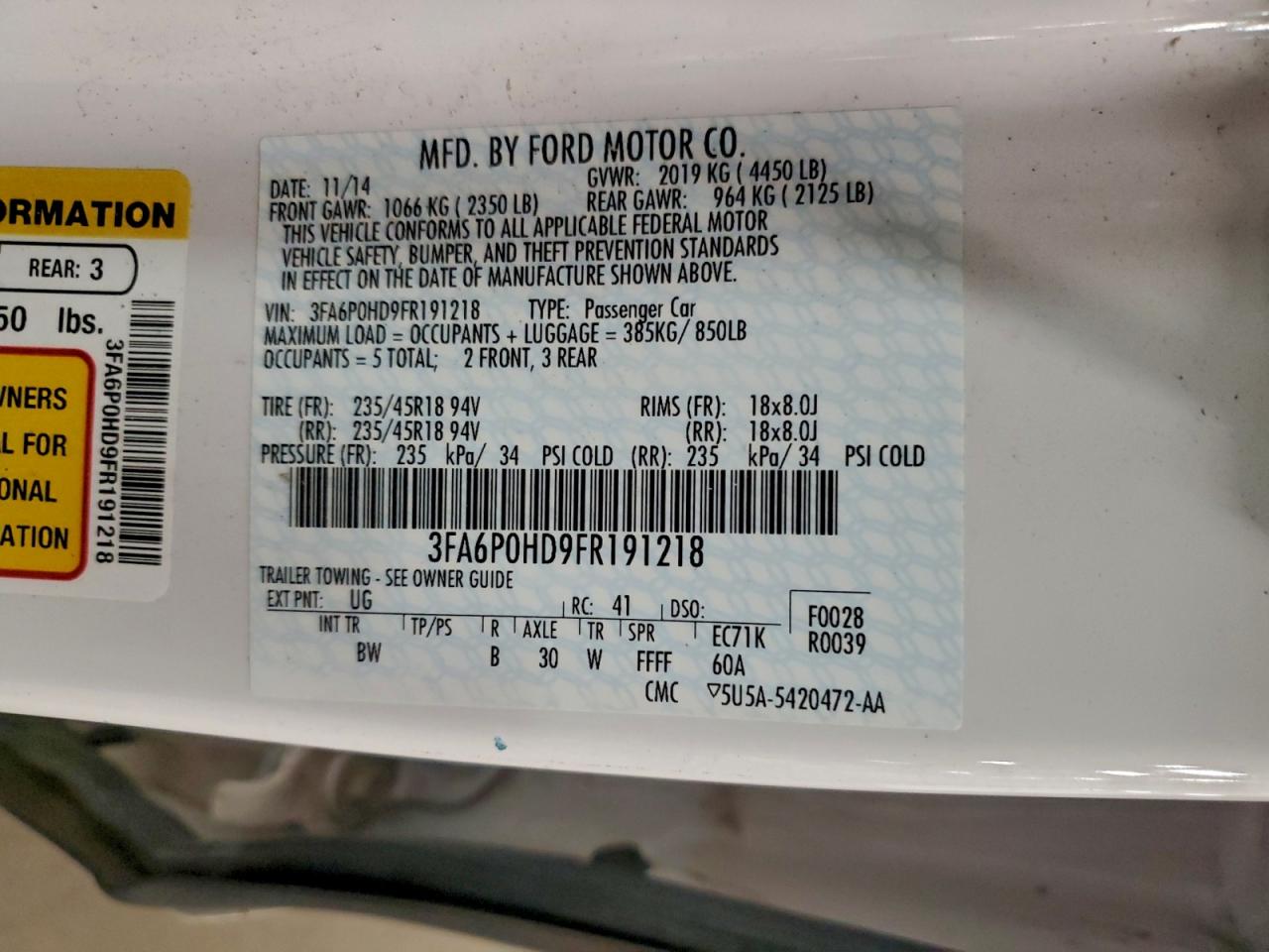 2015 Ford Fusion Se VIN: 3FA6P0HD9FR191218 Lot: 94309865