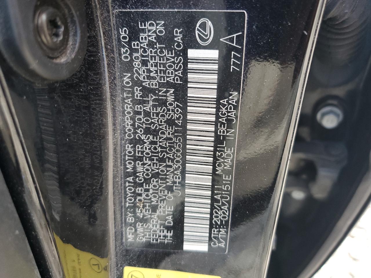 2005 Lexus Es 330 VIN: JTHBA30G055114397 Lot: 93277405