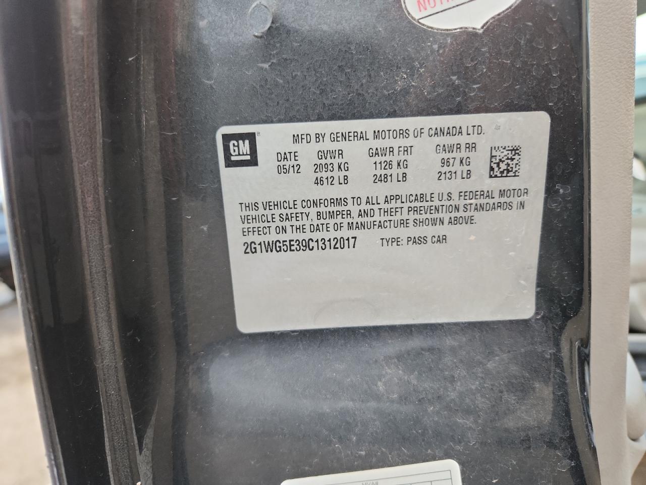 2012 Chevrolet Impala Lt VIN: 2G1WG5E39C1312017 Lot: 92329235
