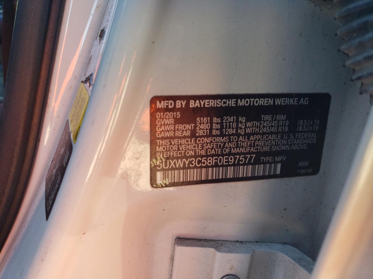 2015 BMW X3 xDrive28D VIN: 5UXWY3C58F0E97577 Lot: 92275425