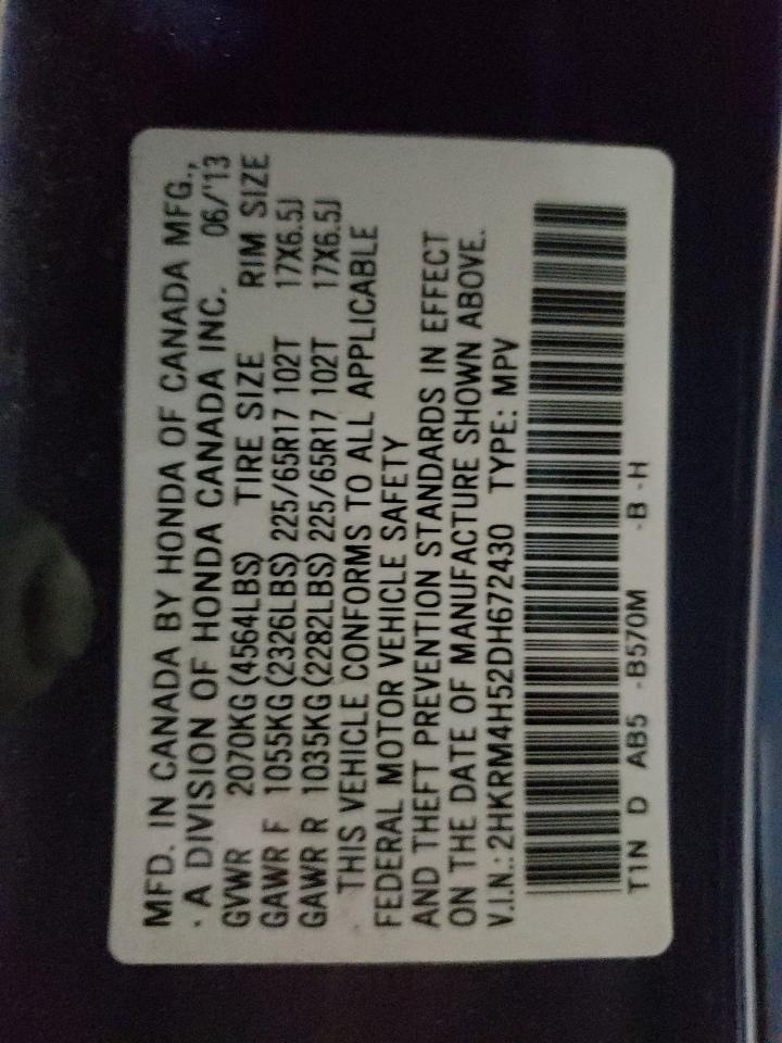 2013 Honda Cr-V Ex VIN: 2HKRM4H52DH672430 Lot: 92297675