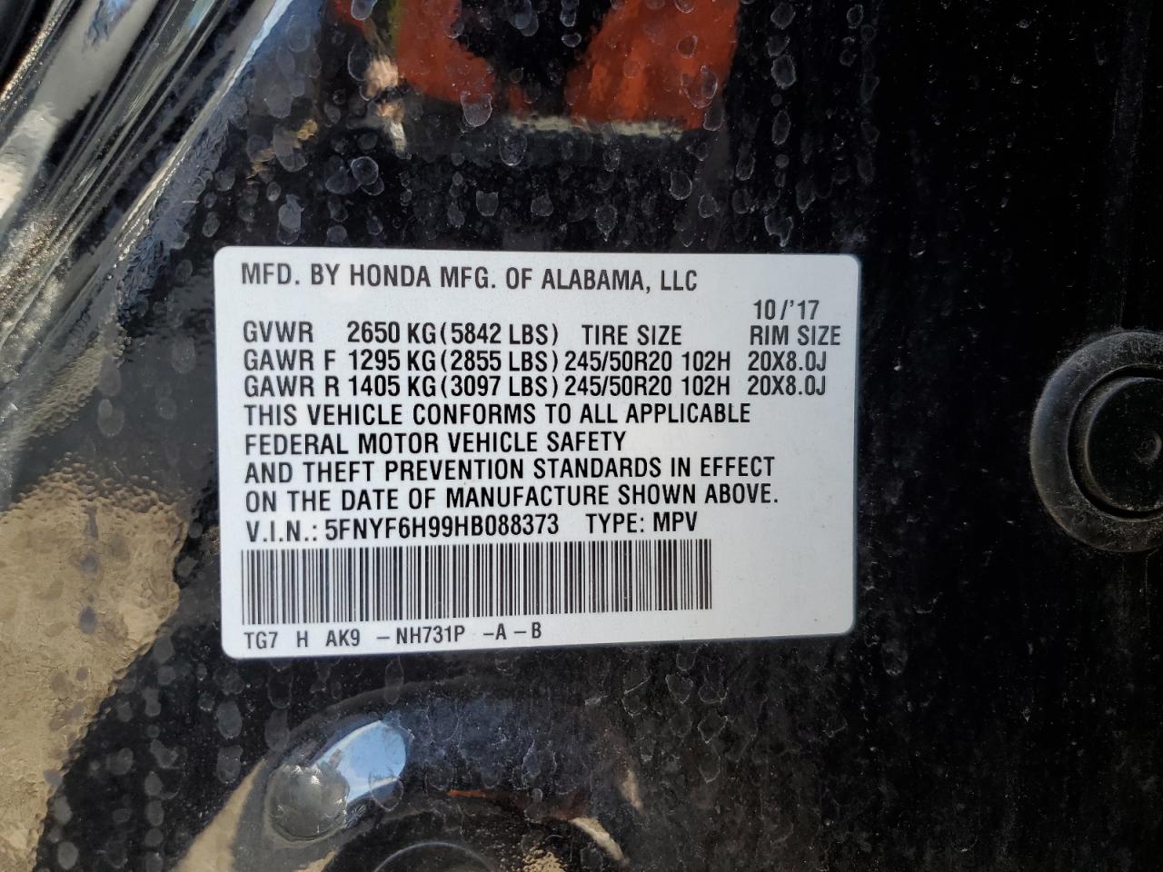 2017 Honda Pilot Touring VIN: 5FNYF6H99HB088373 Lot: 90484735