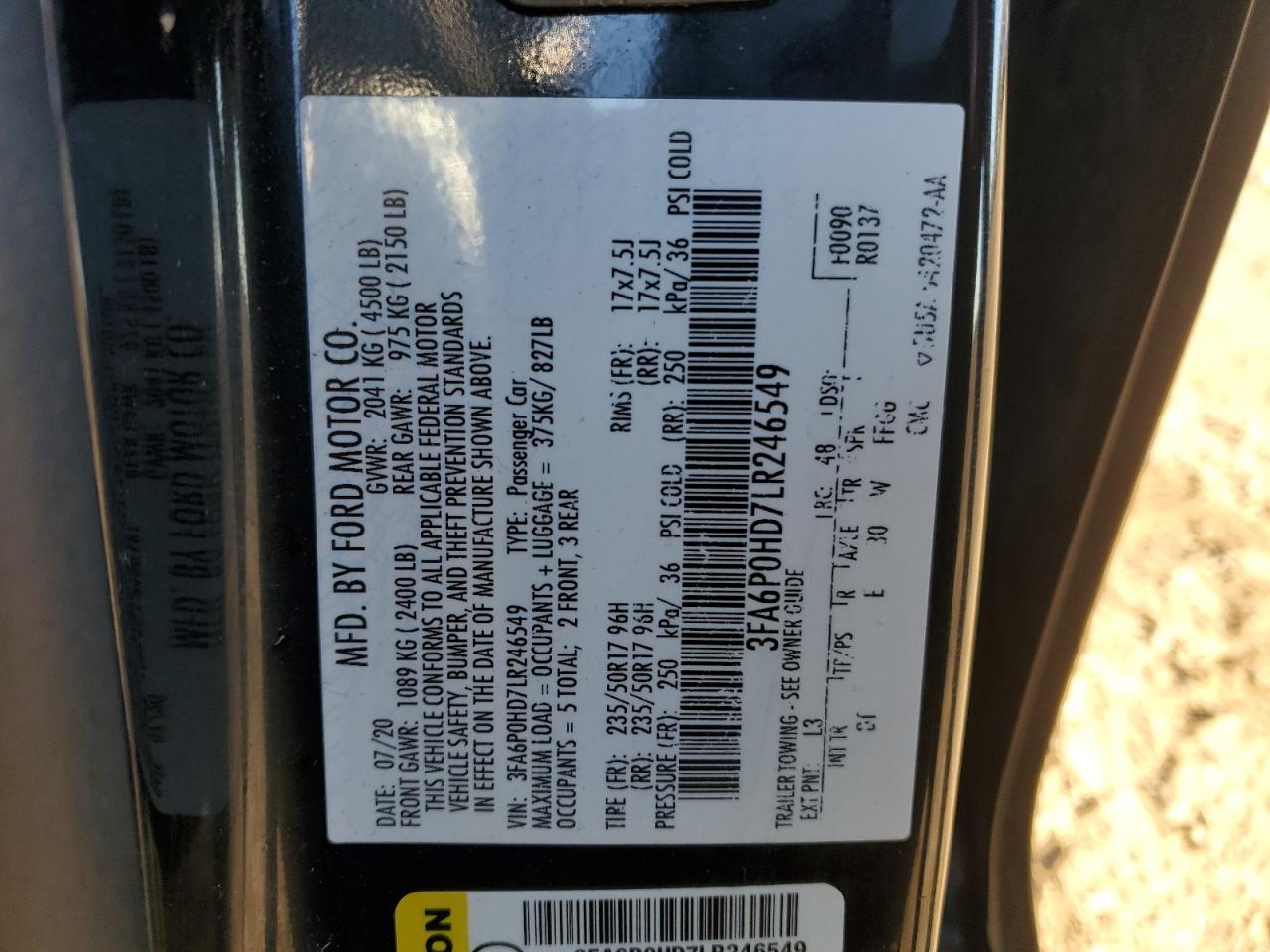 2020 Ford Fusion Se VIN: 3FA6P0HD7LR246549 Lot: 91014605