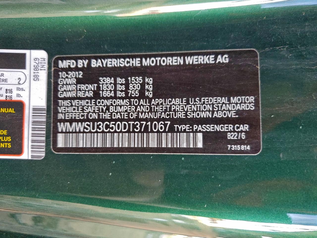 2013 Mini Cooper VIN: WMWSU3C50DT371067 Lot: 94555805