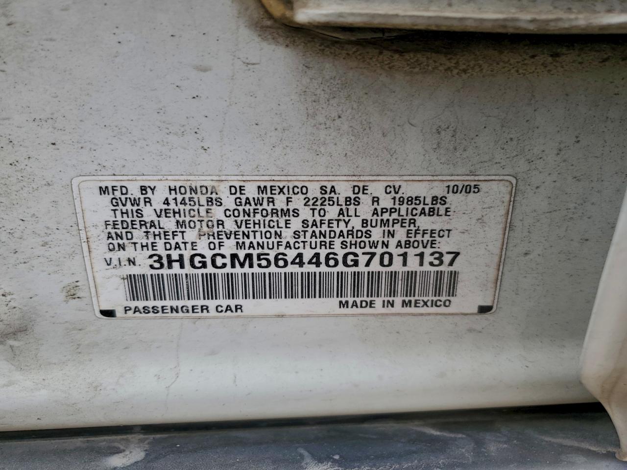 2006 Honda Accord Lx VIN: 3HGCM56446G701137 Lot: 94124095