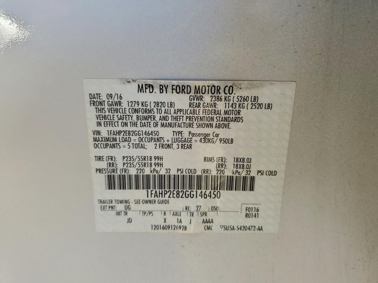 2016 Ford Taurus Sel VIN: 1FAHP2E82GG146450 Lot: 94265505