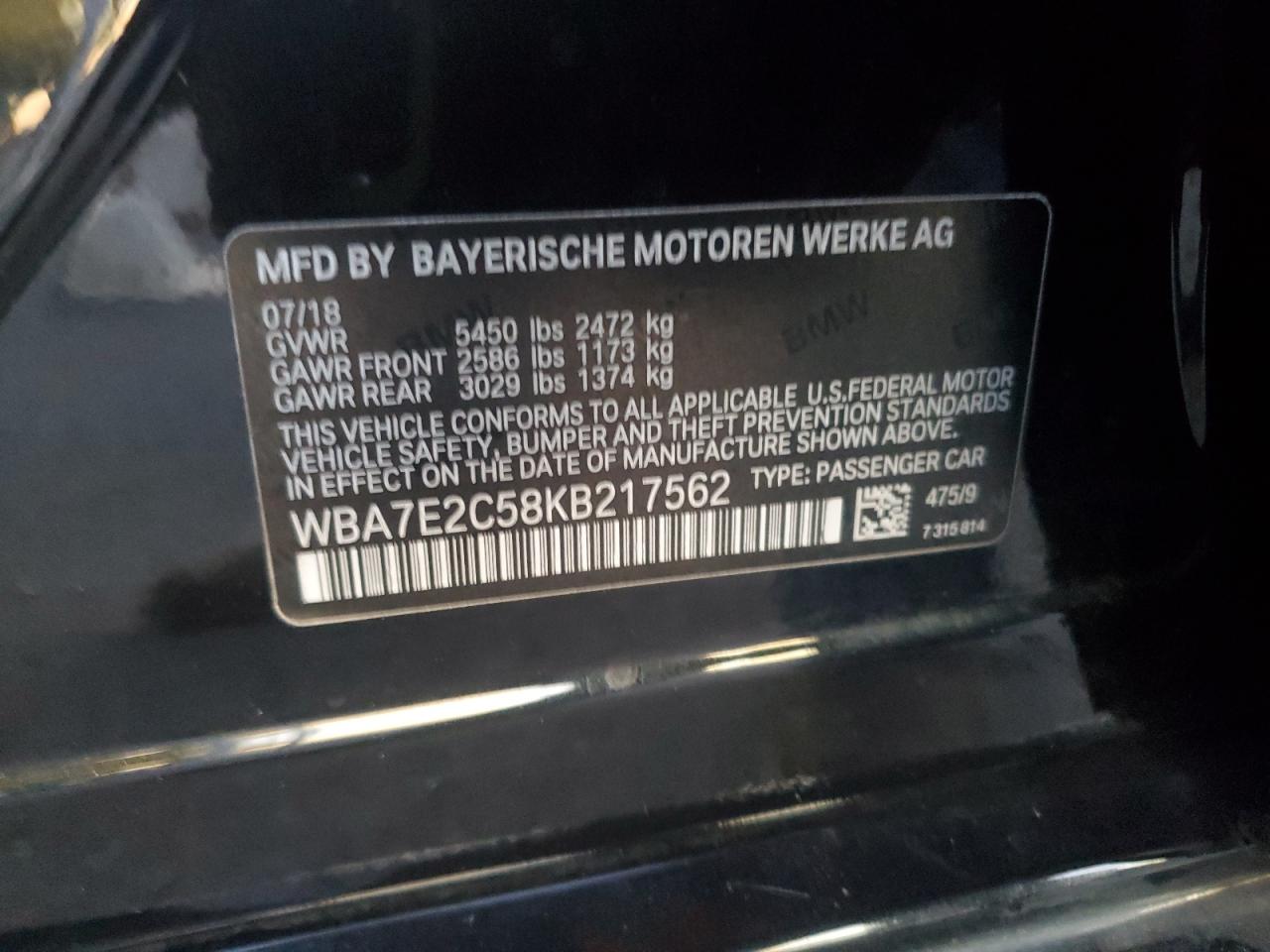 2019 BMW 740 I VIN: WBA7E2C58KB217562 Lot: 92514755