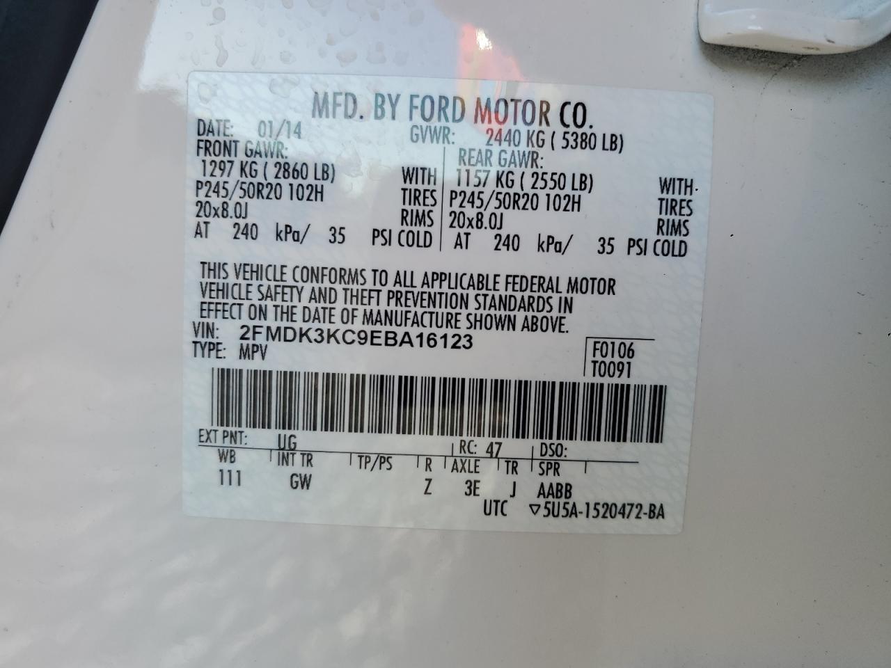 2014 Ford Edge Limited VIN: 2FMDK3KC9EBA16123 Lot: 90346145