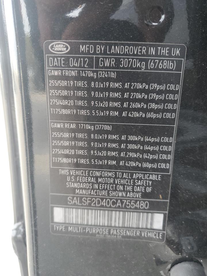 2012 Land Rover Range Rover Sport Hse VIN: SALSF2D40CA755480 Lot: 93502595