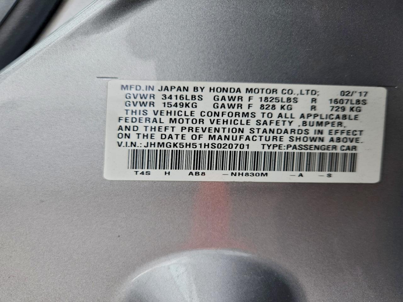 2017 Honda Fit Lx VIN: JHMGK5H51HS020701 Lot: 92755615