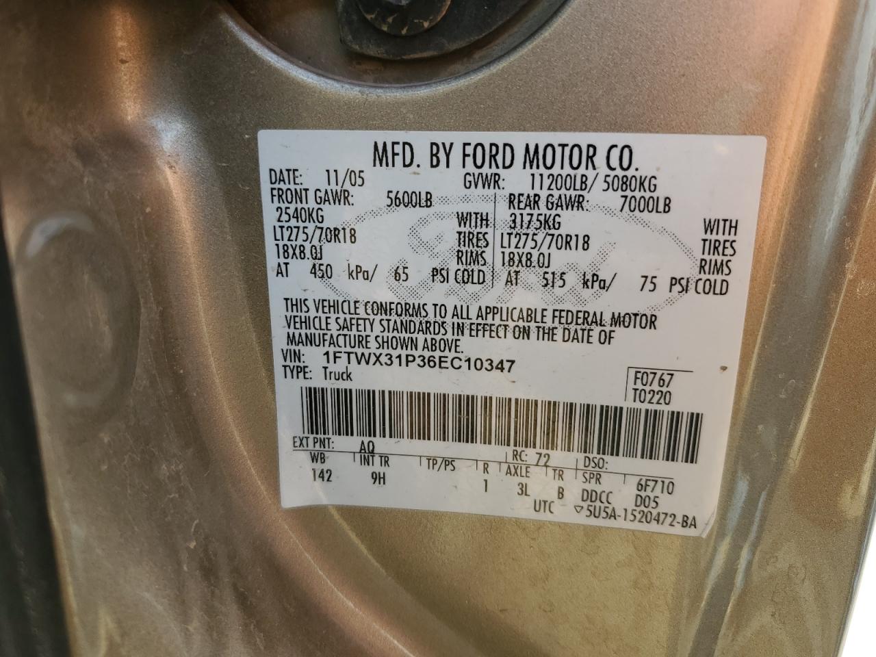 2006 Ford F350 Srw Super Duty VIN: 1FTWX31P36EC10347 Lot: 91646715