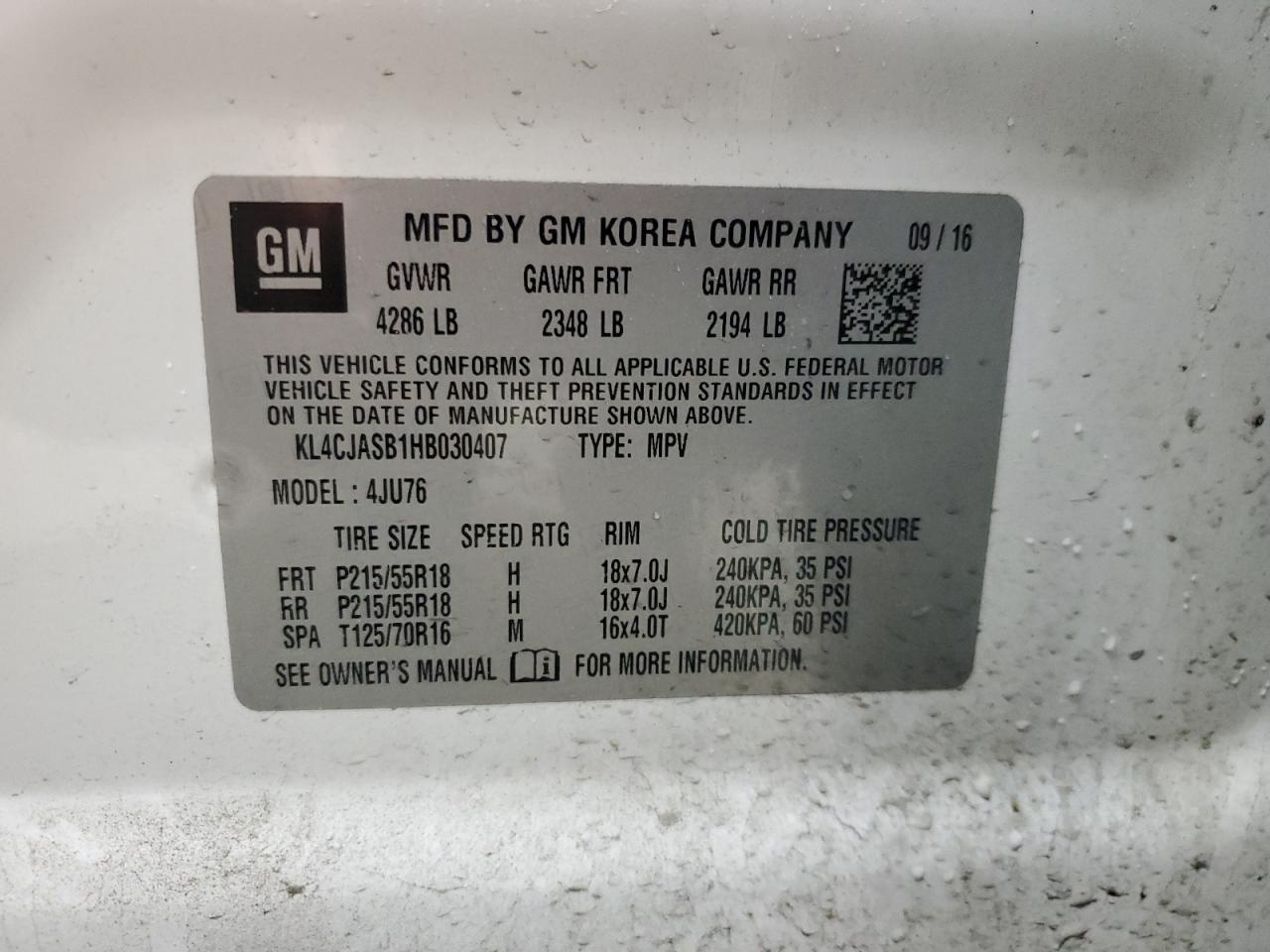 2017 Buick Encore Preferred VIN: KL4CJASB1HB030407 Lot: 92650985