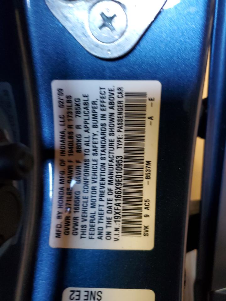 2009 Honda Civic Lx-S VIN: 19XFA166X9E010953 Lot: 92183265