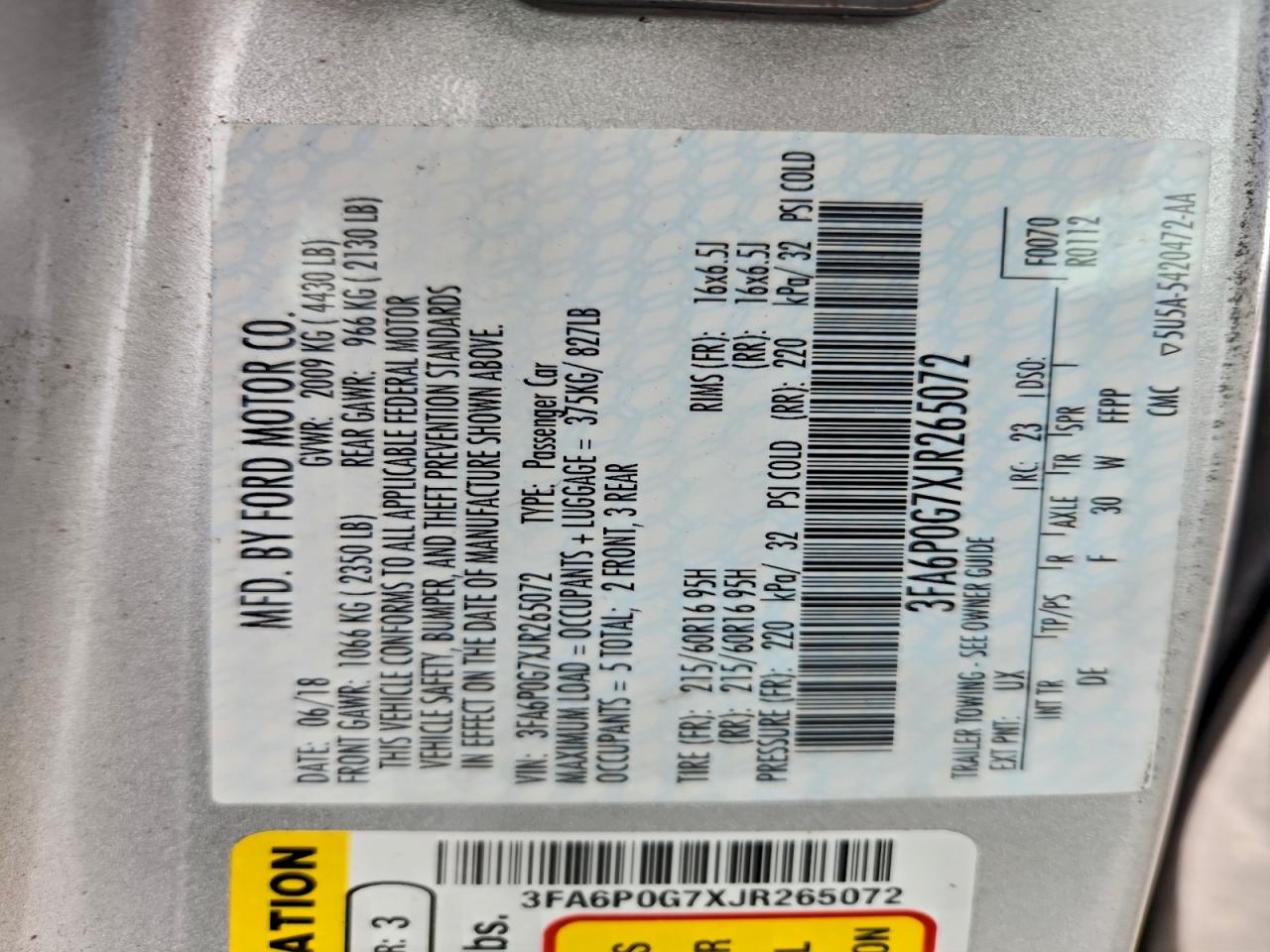 2018 Ford Fusion S VIN: 3FA6P0G7XJR265072 Lot: 93449165