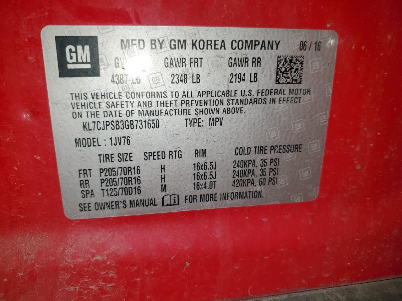 2016 Chevrolet Trax 1Lt VIN: KL7CJPSB3GB731650 Lot: 93233275