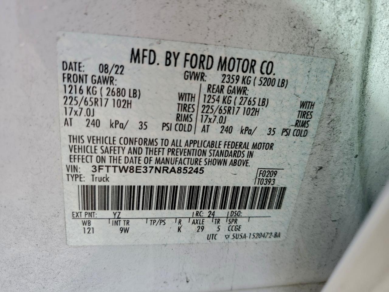 2022 Ford Maverick Xl VIN: 3FTTW8E37NRA85245 Lot: 94705925