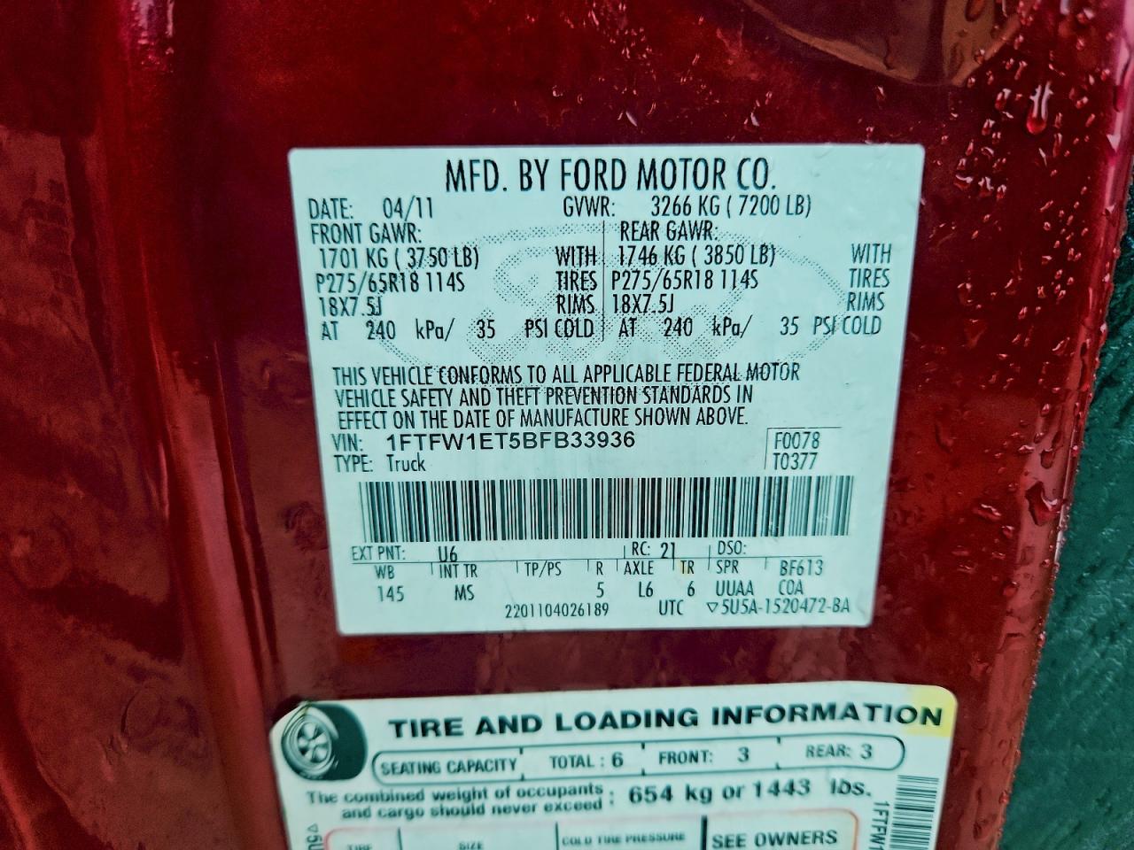 2011 Ford F150 Supercrew VIN: 1FTFW1ET5BFB33936 Lot: 93855275