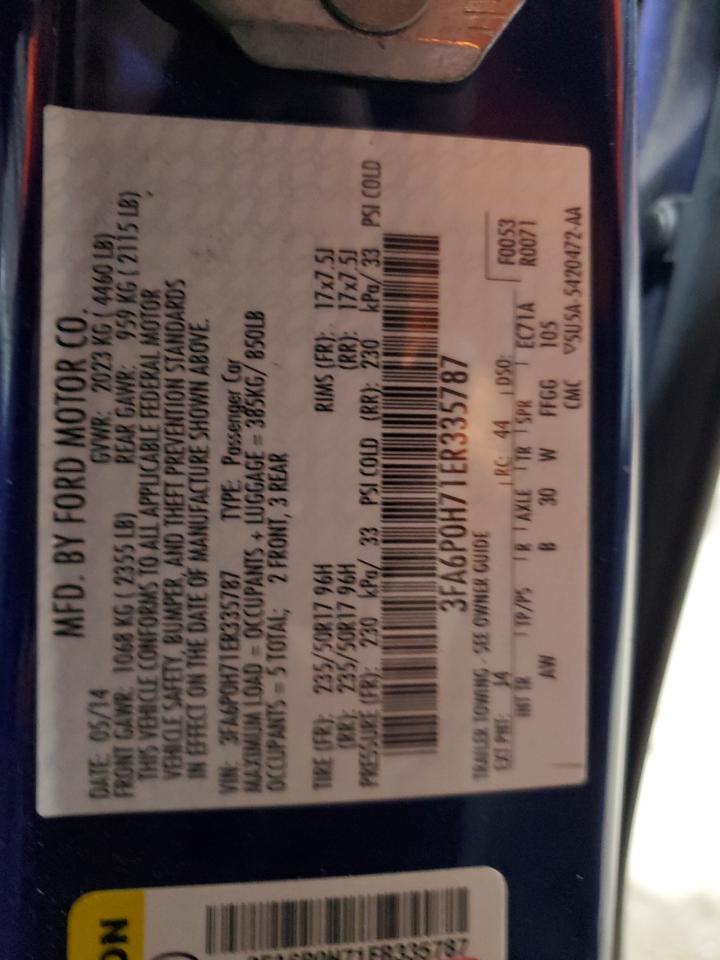 2014 Ford Fusion Se VIN: 3FA6P0H71ER335787 Lot: 91979905