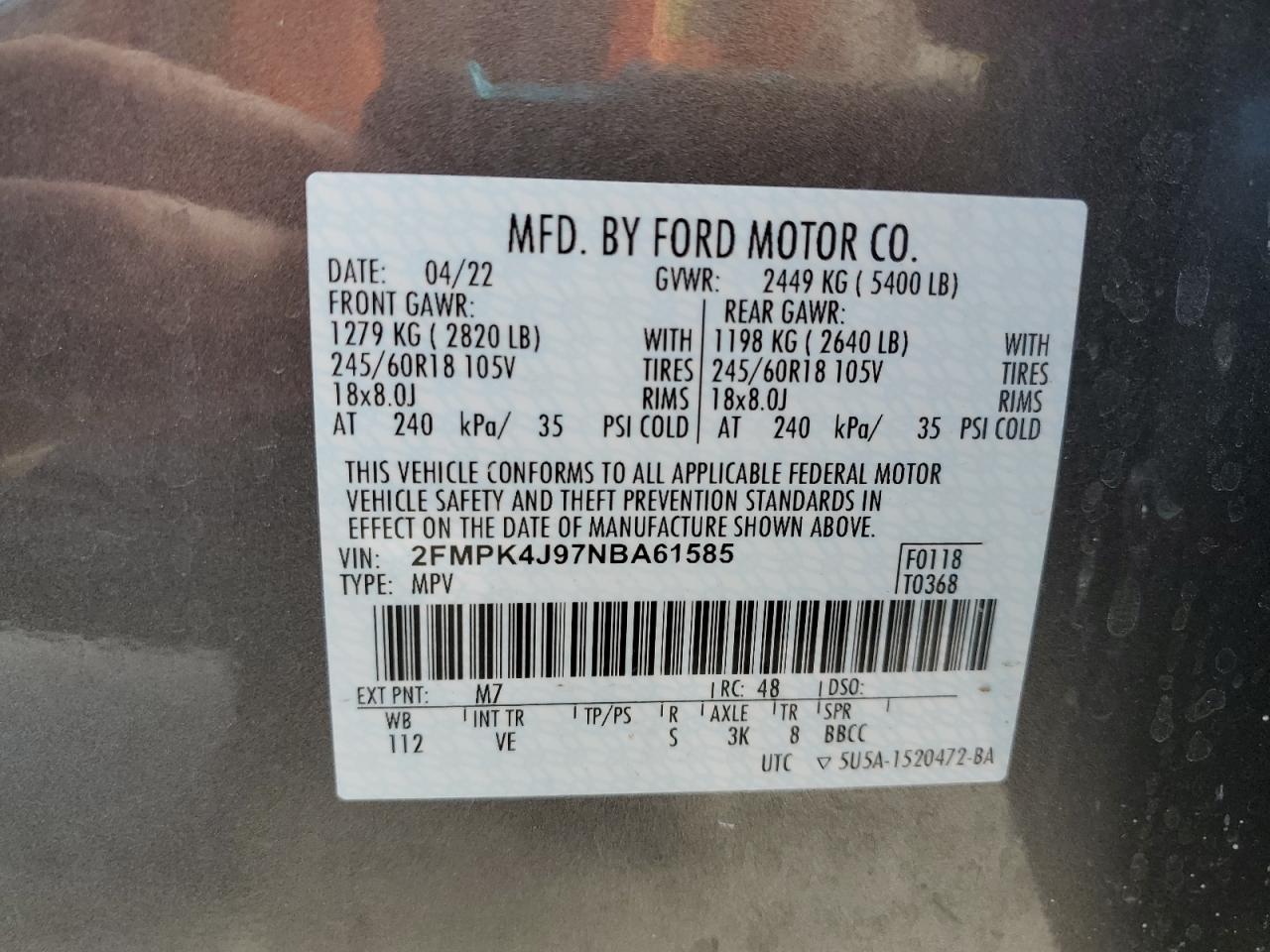 2022 Ford Edge Sel VIN: 2FMPK4J97NBA61585 Lot: 92708795