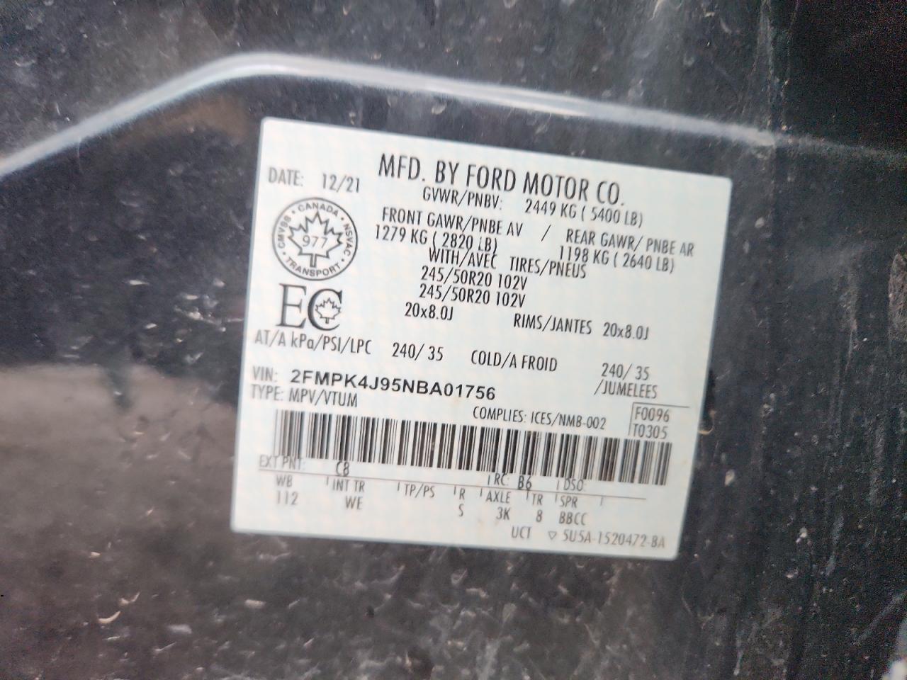 2022 Ford Edge Sel VIN: 2FMPK4J95NBA01756 Lot: 92228865