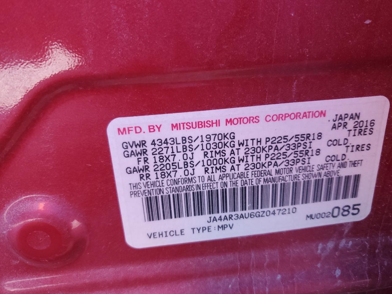 2016 Mitsubishi Outlander Sport Es VIN: JA4AR3AU6GZ047210 Lot: 91415235