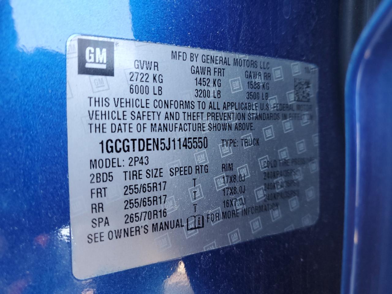 2018 Chevrolet Colorado Z71 VIN: 1GCGTDEN5J1145550 Lot: 92328705