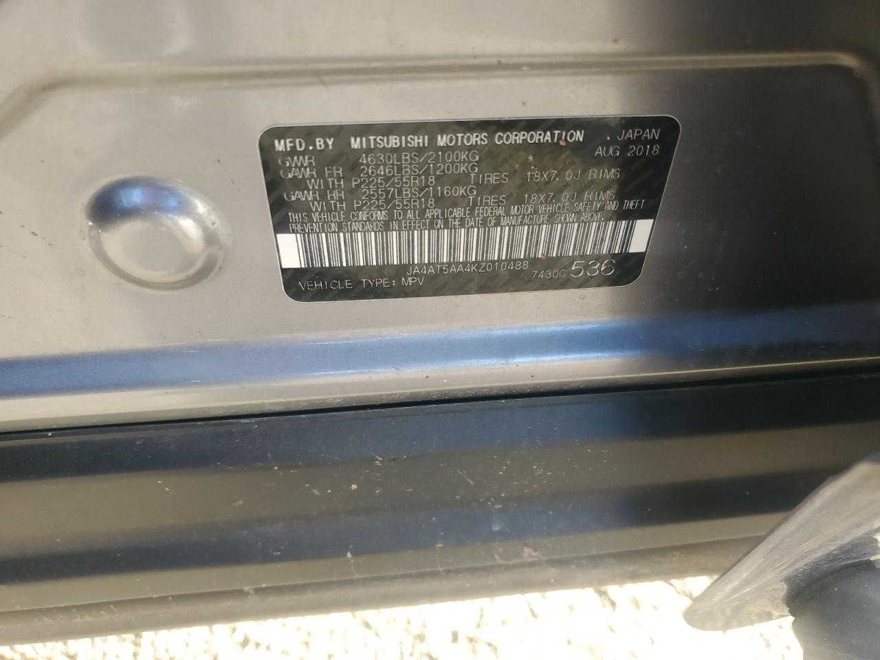 2019 Mitsubishi Eclipse Cross Se VIN: JA4AT5AA4KZ010488 Lot: 91289895