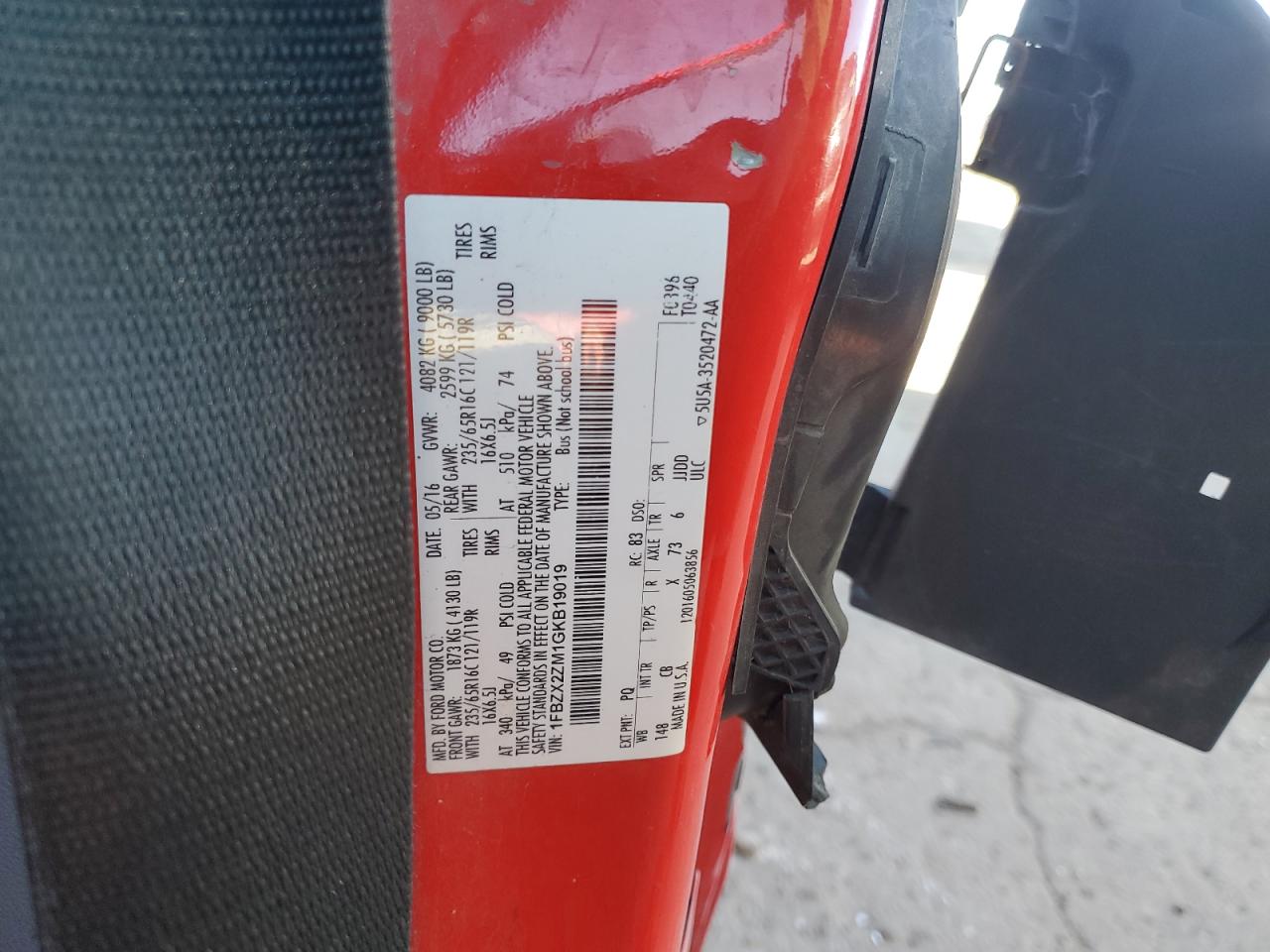 2016 Ford Transit T-350 VIN: 1FBZX2ZM1GKB19019 Lot: 90385235