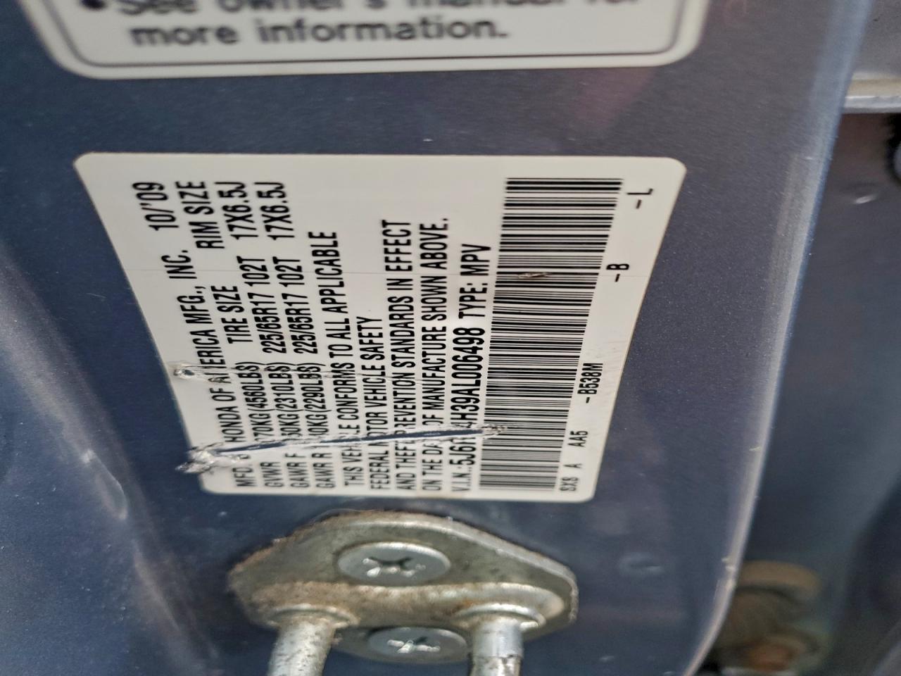 2010 Honda Cr-V Lx VIN: 5J6RE4H39AL006498 Lot: 94240125