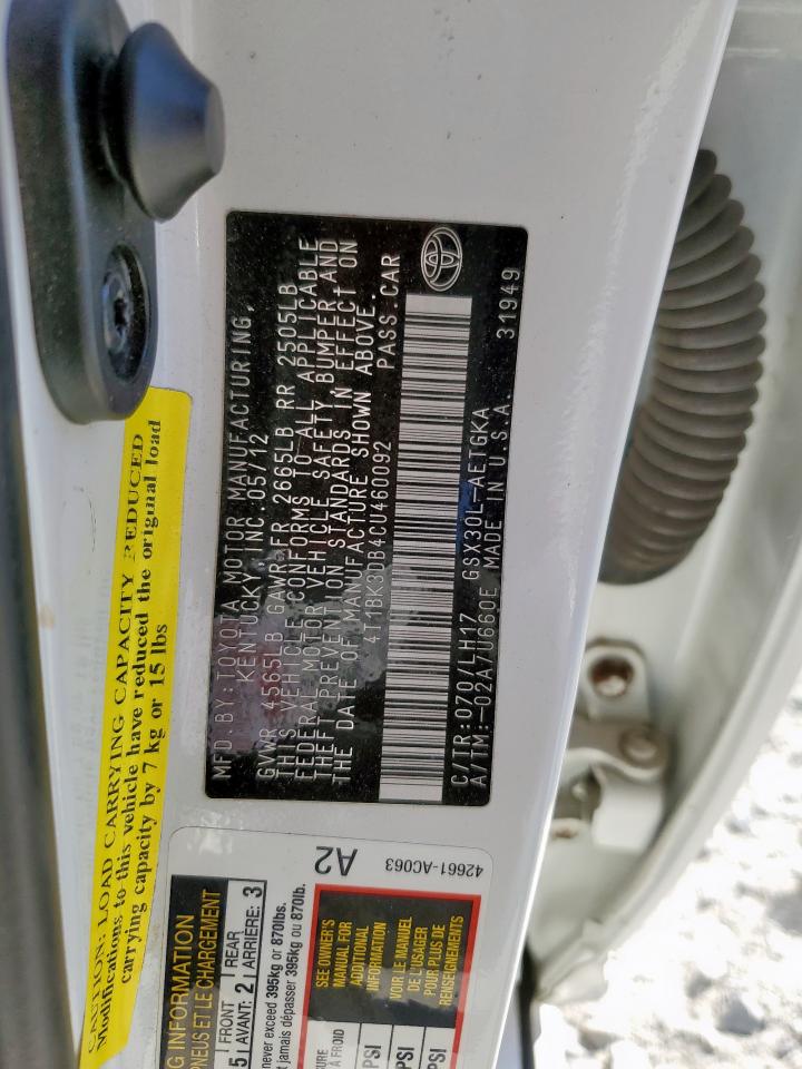 2012 Toyota Avalon Base VIN: 4T1BK3DB4CU460092 Lot: 92442655