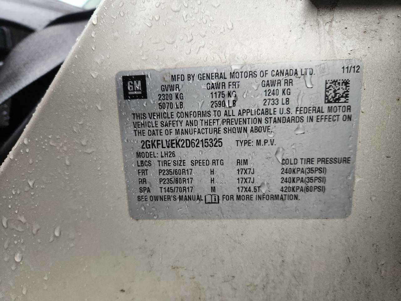 2013 GMC Terrain Slt VIN: 2GKFLVEK2D6215325 Lot: 90945185